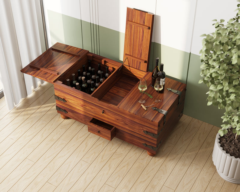 Suryavanshi Sheesham Wood Bar Cabinet Versatile Coffee Table – Vintage Iron or Brass Gold Finish