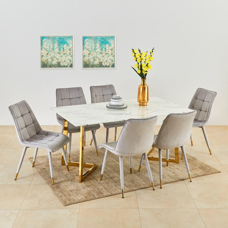 Suryavanshi Modern Marble Dining Table – Rectangular White Top with Gold Metal Legs, Elegant Kitchen & Dining Room Table, Contemporary Furniture for Home or Office, Space-Saving Design