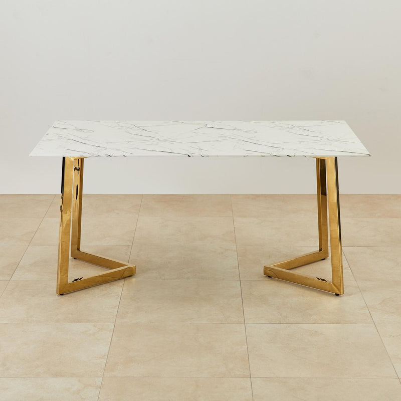 Suryavanshi Modern Marble Dining Table – Rectangular White Top with Gold Metal Legs, Elegant Kitchen & Dining Room Table, Contemporary Furniture for Home or Office, Space-Saving Design