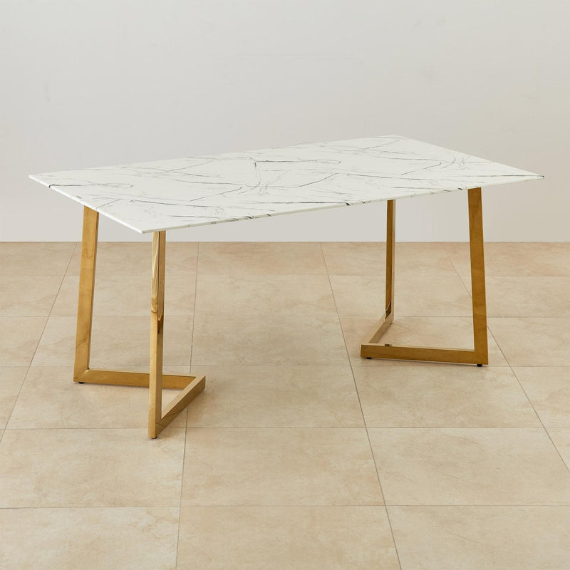 Suryavanshi Modern Marble Dining Table – Rectangular White Top with Gold Metal Legs, Elegant Kitchen & Dining Room Table, Contemporary Furniture for Home or Office, Space-Saving Design
