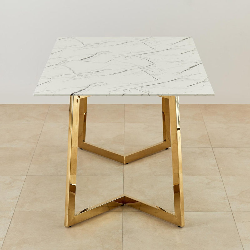 Suryavanshi Modern Marble Dining Table – Rectangular White Top with Gold Metal Legs, Elegant Kitchen & Dining Room Table, Contemporary Furniture for Home or Office, Space-Saving Design