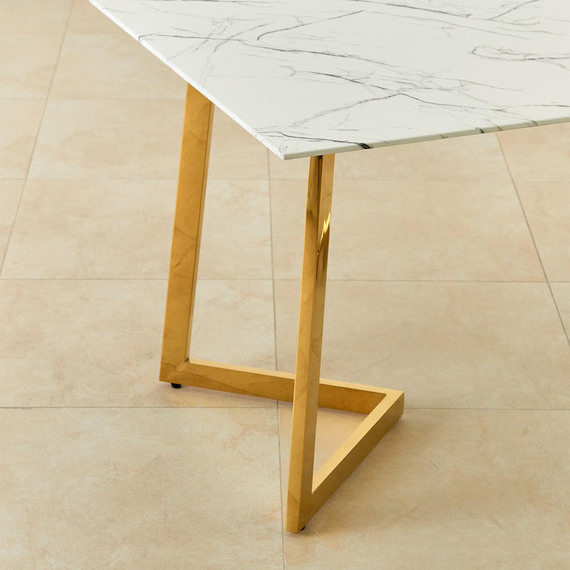 Suryavanshi Modern Marble Dining Table – Rectangular White Top with Gold Metal Legs, Elegant Kitchen & Dining Room Table, Contemporary Furniture for Home or Office, Space-Saving Design