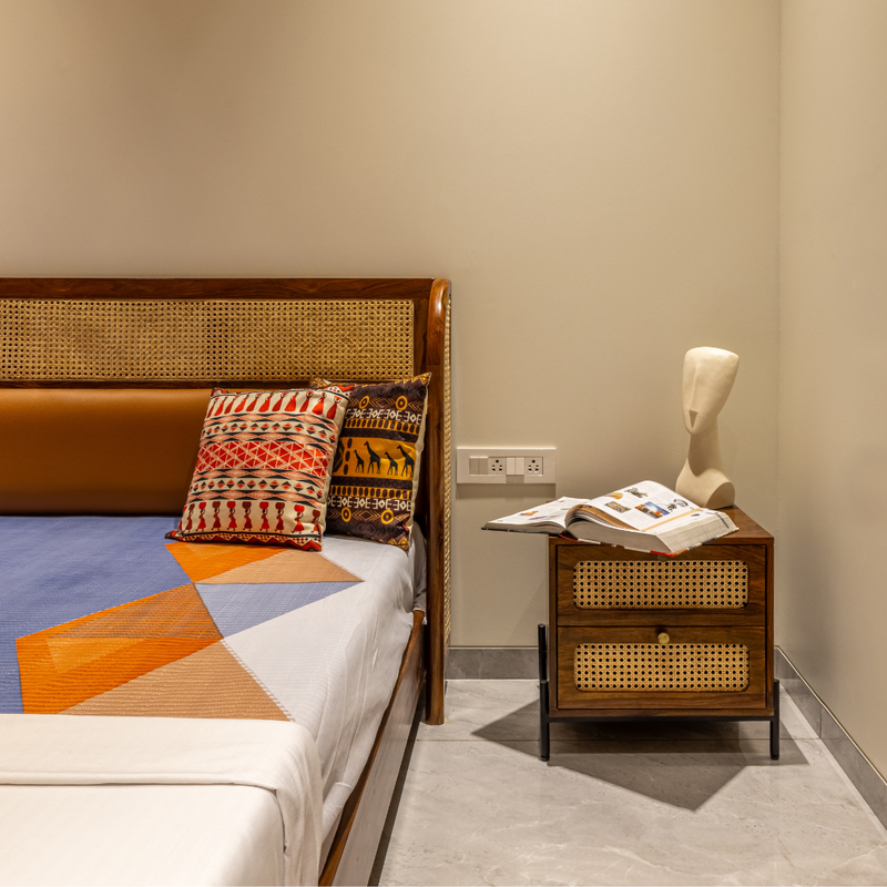 Elegant Solid Sheesham Wood King Size Bed with Handcrafted Cane & Upholstered Headboard (Size - 6*6.5 Foot)