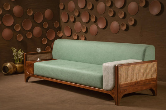 Sage Harmony Rattan Sofa – Solid Wood Frame with Cane Detailing & Sage Green Upholstery