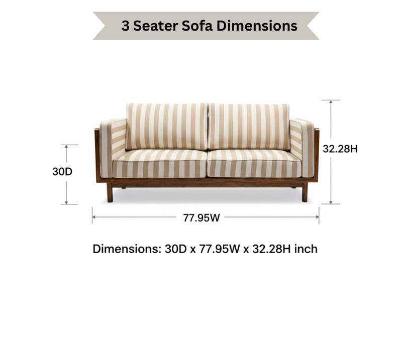 Linen Haze Striped Sofa Sheesham Wood 3 -Seater Sofa with Handwoven Cane Panel - Honey Finish