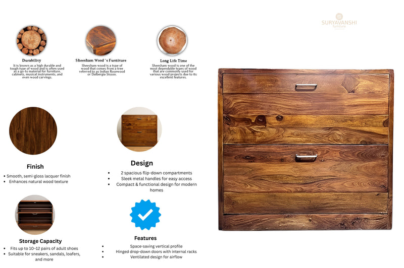 Suryavanshi Solid Sheesham Wood Shoe Storage Cabinet with 2 Drawers –Shoe Organizer with Ample Storage & Metal Handles