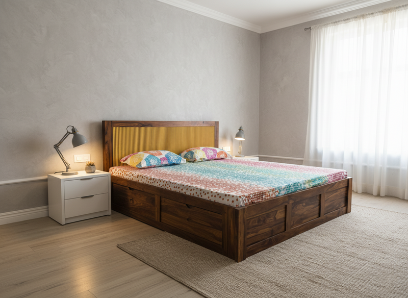 Suryavanshi Sheesham Wood King Size Bed with Headboard & Full Storage – Honey Finish