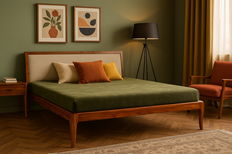 Suryavanshi Mid-Century Modern Solid Sheesham Wood Bed Without Storage with Upholstered Headboard – Queen/King Size