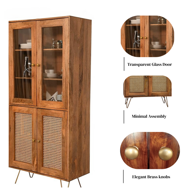 Nay-7 Sheesham Wood 4 Door Soft Closed Shelves Storage Kitchen Cabinet ( Honey Finish )