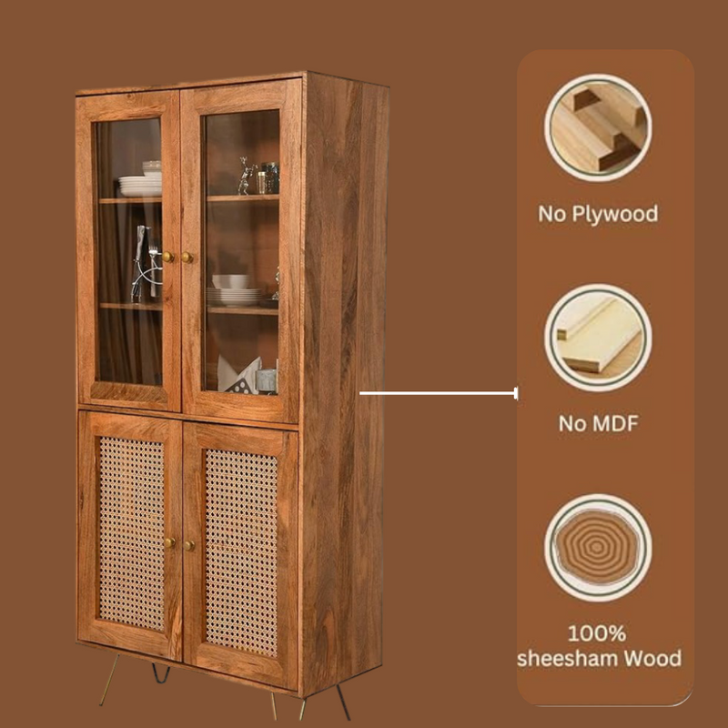 Nay-7 Sheesham Wood 4 Door Soft Closed Shelves Storage Kitchen Cabinet ( Honey Finish )
