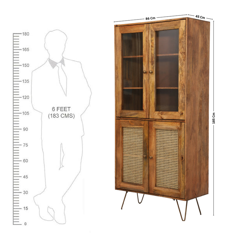 Nay-7 Sheesham Wood 4 Door Soft Closed Shelves Storage Kitchen Cabinet ( Honey Finish )