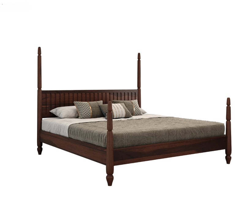 Woodenza Solid Wood Poster Bed Classic Design with Slatted Headboard (Walnut Finish)