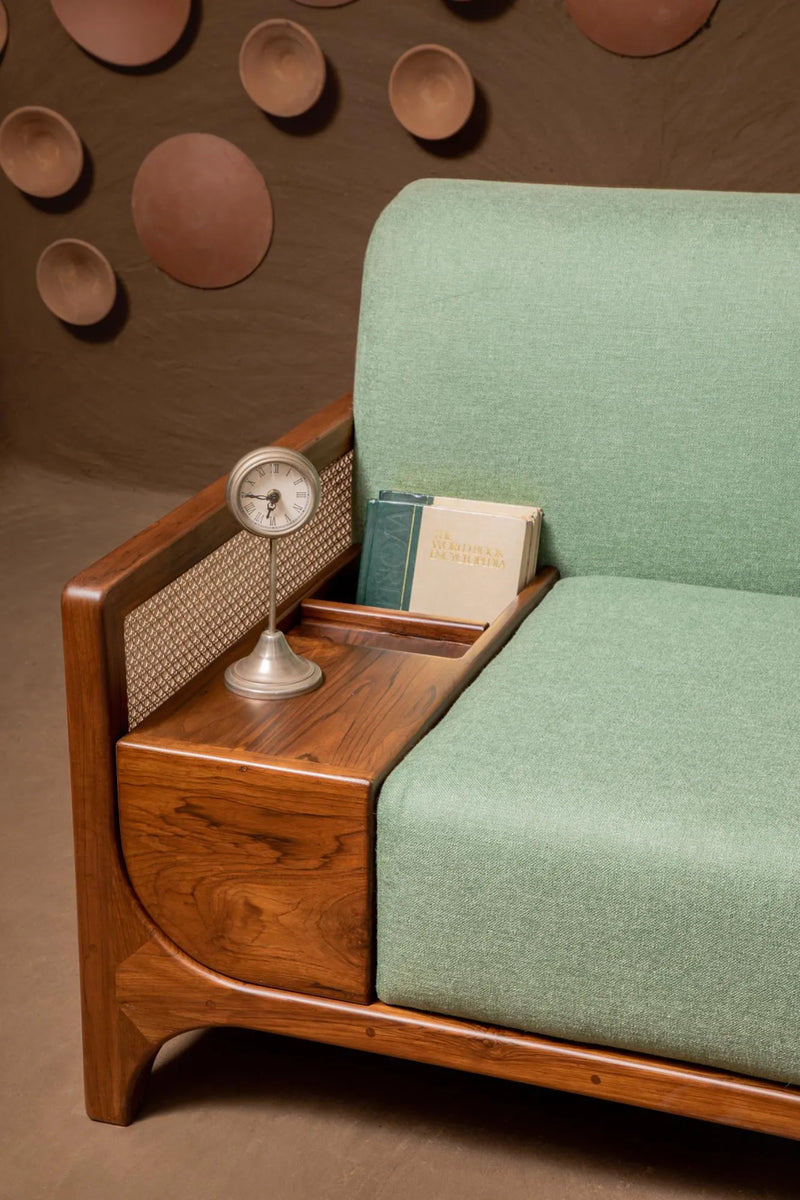 Sage Harmony Rattan Sofa – Solid Wood Frame with Cane Detailing & Sage Green Upholstery