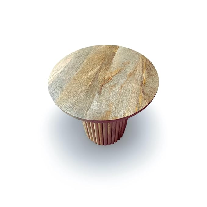 Suryavanhsi Round Mango Wooden Side Table, Fluted Base Design, Rustic Grey, End Table, Bed Room Table, Lamp Table, H40 x W40 x D40 Cm (Natural Finish)