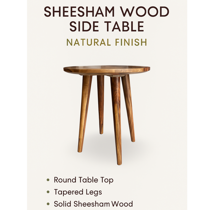 Suryavanshi Sheesham Wood Side Table for Living Room | Solid Wood End Table with Natural Finish | Round Accent Table with Tapered Legs | Wooden Nightstand for Bedroom & Sofa Side Use