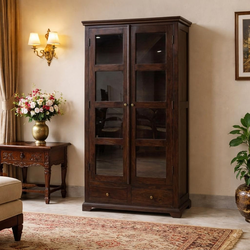 Suryavanshi Solid Sheesham Wood Crockery Cabinet with Glass Doors & Drawers