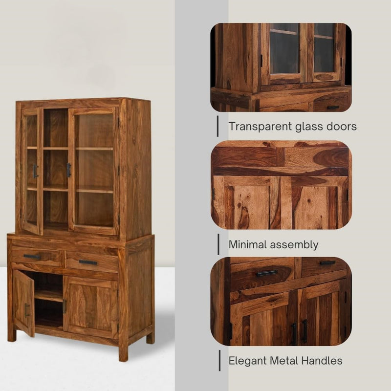 Suryavanshi Sheesham Wood Sierra Crockery Cabinet | Hutch Cabinet Solid Wood Kitchen Display, Glass Door Hutch with Storage Drawers, Rustic Brown (Natural Finish)