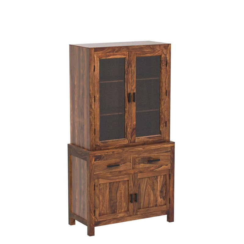 Suryavanshi Sheesham Wood Sierra Crockery Cabinet | Hutch Cabinet Solid Wood Kitchen Display, Glass Door Hutch with Storage Drawers, Rustic Brown (Natural Finish)