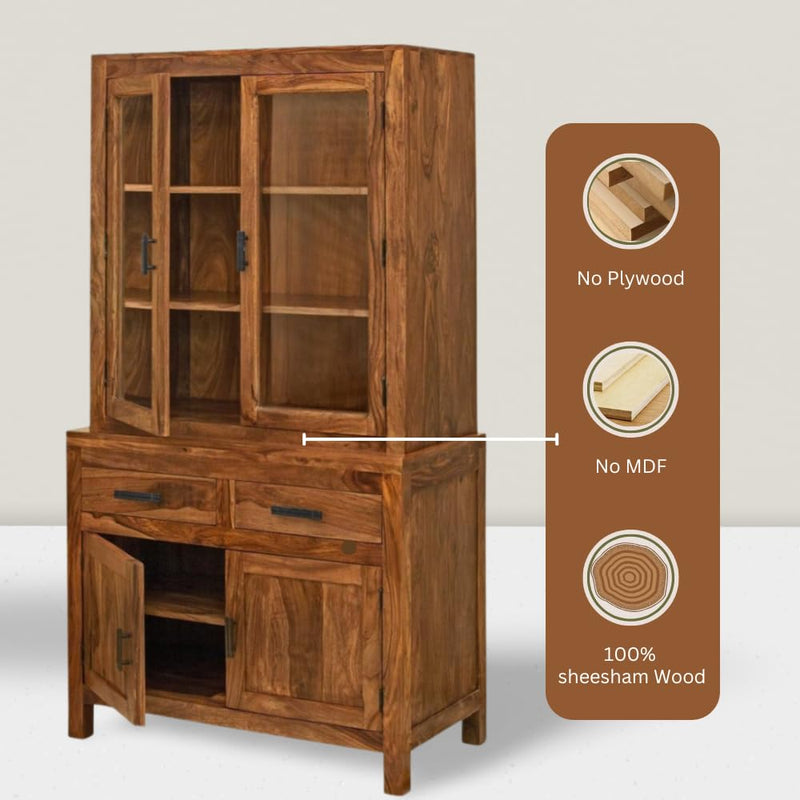 Suryavanshi Sheesham Wood Sierra Crockery Cabinet | Hutch Cabinet Solid Wood Kitchen Display, Glass Door Hutch with Storage Drawers, Rustic Brown (Natural Finish)