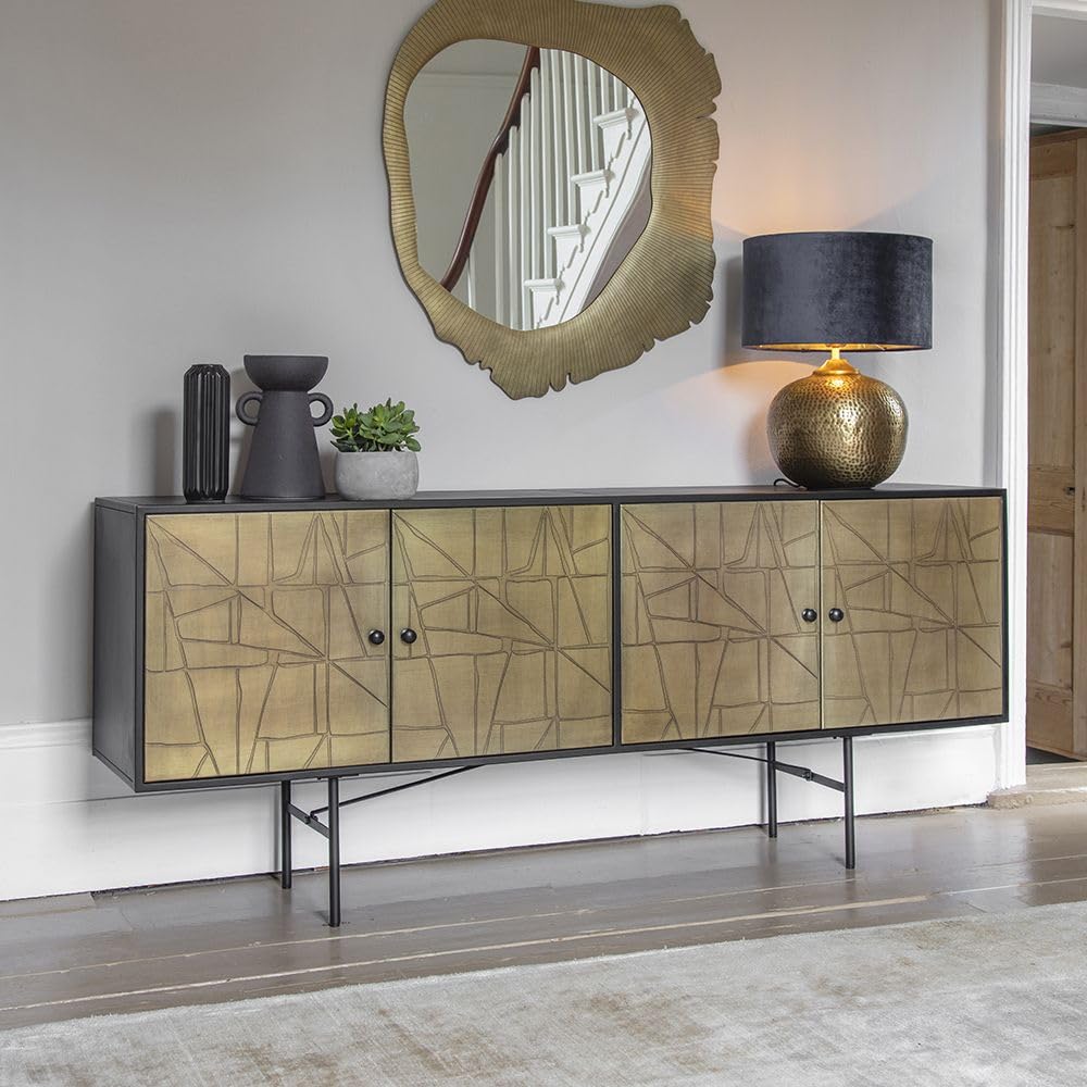 Suryavanshi Iron Metal Crackle Sideboard - Unique Design with Antique Brass Carcass and Stiletto Legs, Spacious Storage (40.5D x 183W x 76.5HCM)