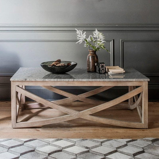 Suryavanshi Lily Grey Marble Top Coffee Table - Mango Wood Base (65D x 120W x 43HCm)