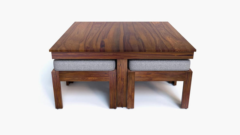 Suryavanshi Sheesham Wood Low Height Coffee Table with 4 Stools (W96*D96*H47cm)
