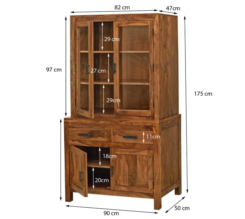 Suryavanshi Sheesham Wood Sierra Crockery Cabinet | Hutch Cabinet Solid Wood Kitchen Display, Glass Door Hutch with Storage Drawers, Rustic Brown (Natural Finish)
