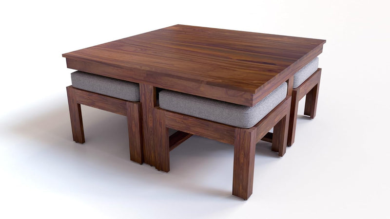 Suryavanshi Sheesham Wood Low Height Coffee Table with 4 Stools (W96*D96*H47cm)