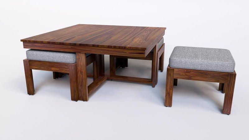 Suryavanshi Sheesham Wood Low Height Coffee Table with 4 Stools (W96*D96*H47cm)