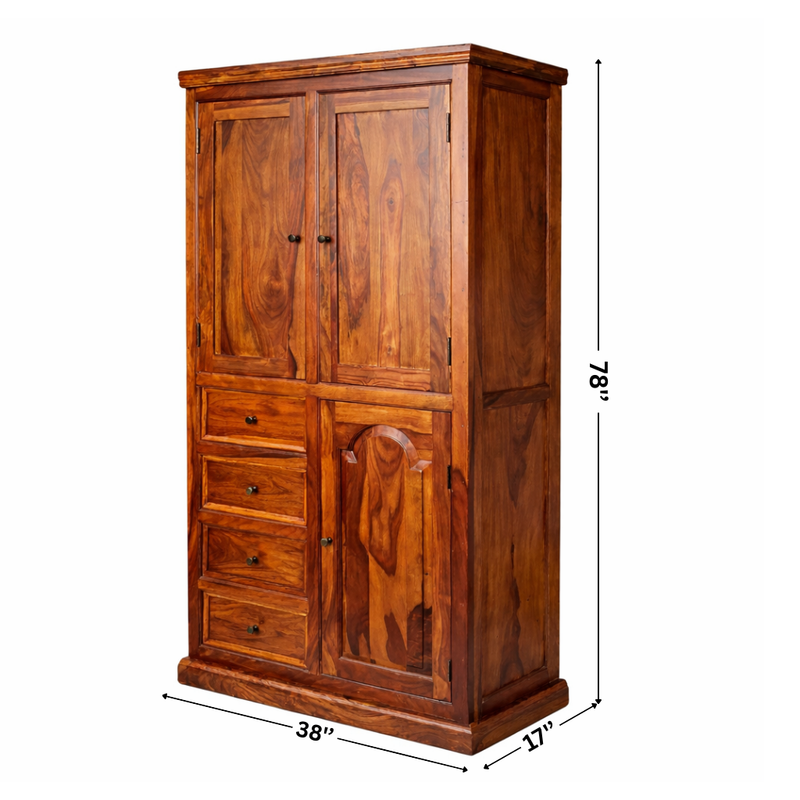 Solid Sheesham Wood 3 Door Wardrobe with 4 Drawers – Modern Bedroom Storage Cabinet