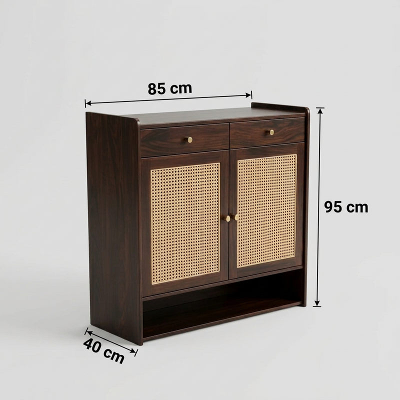Suryavanshi Wooden Shoe Cabinet with Cane Webbing Doors, 2 Drawers, Open Shelf, Sheesham Wood