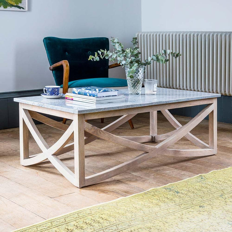 Suryavanshi Lily Grey Marble Top Coffee Table - Mango Wood Base (65D x 120W x 43HCm)