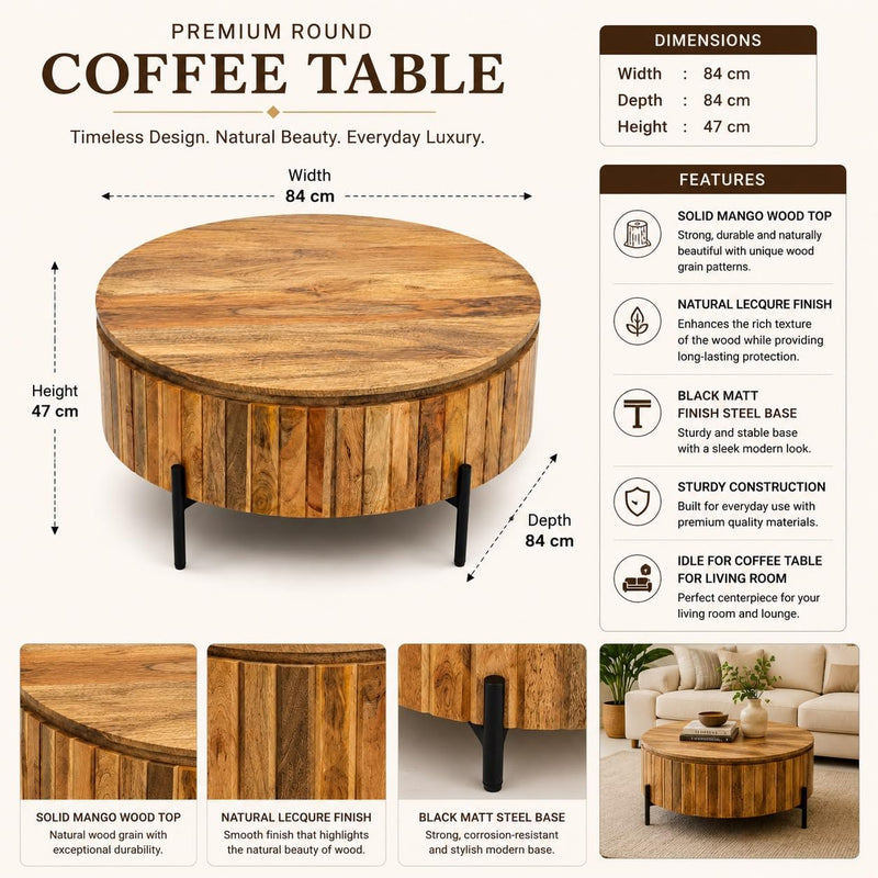 Solid Mango Wood Coffee Table with Black Metal Legs for Living Room