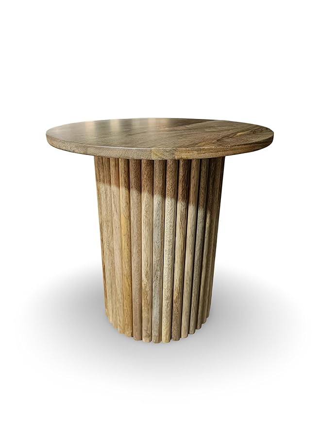 Suryavanhsi Round Mango Wooden Side Table, Fluted Base Design, Rustic Grey, End Table, Bed Room Table, Lamp Table, H40 x W40 x D40 Cm (Natural Finish)