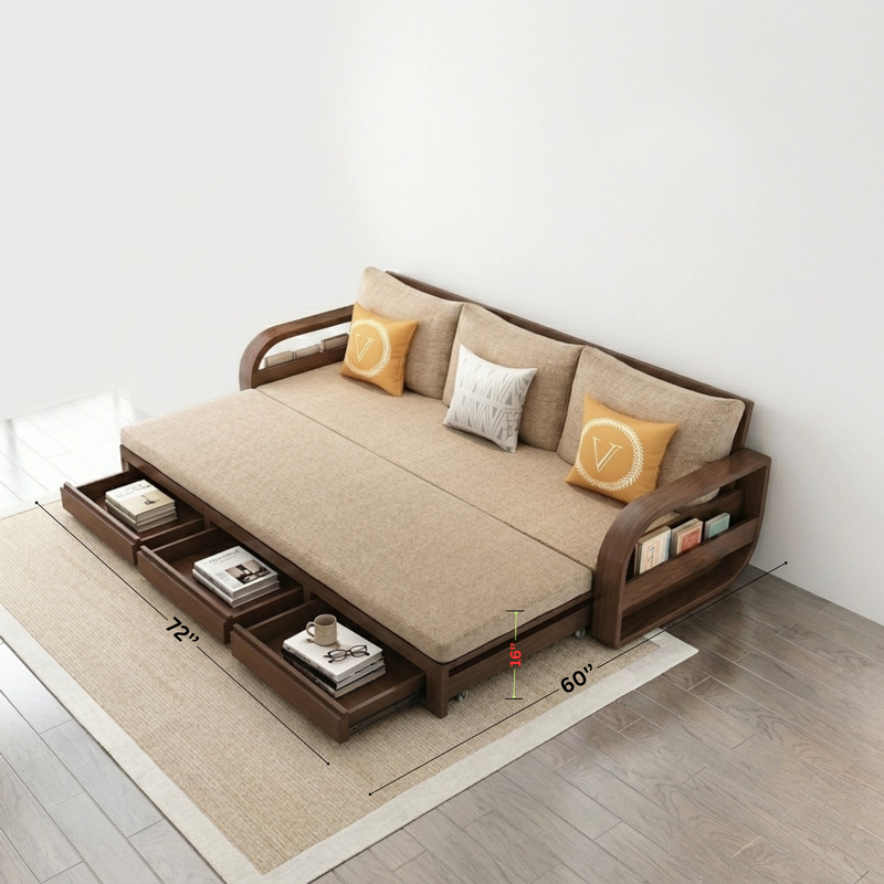Modern Wooden Sofa Cum Bed with Storage Drawers & Side Book Shelves - Queen Size