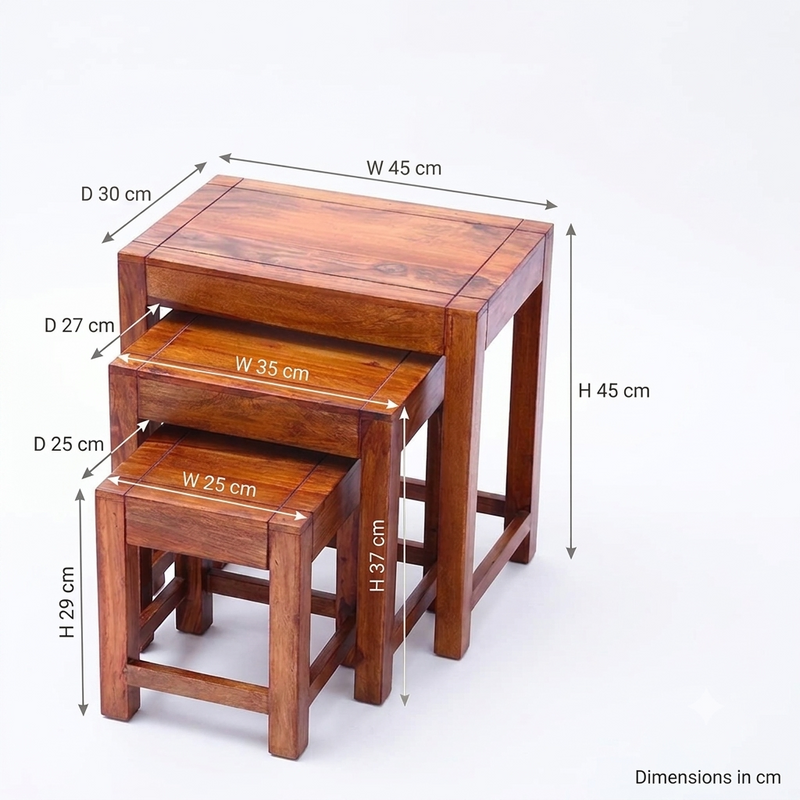 Sheesham Wood Nesting Tables Set of 3 – Space-Saving Side Tables in Honey Finish