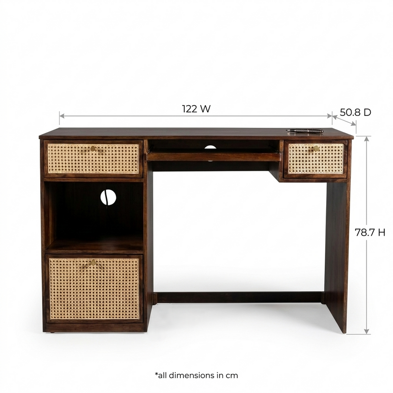 Suryavanshi Sheesham Wood Study Desk with Cane-Woven Drawers – Walnut Finish