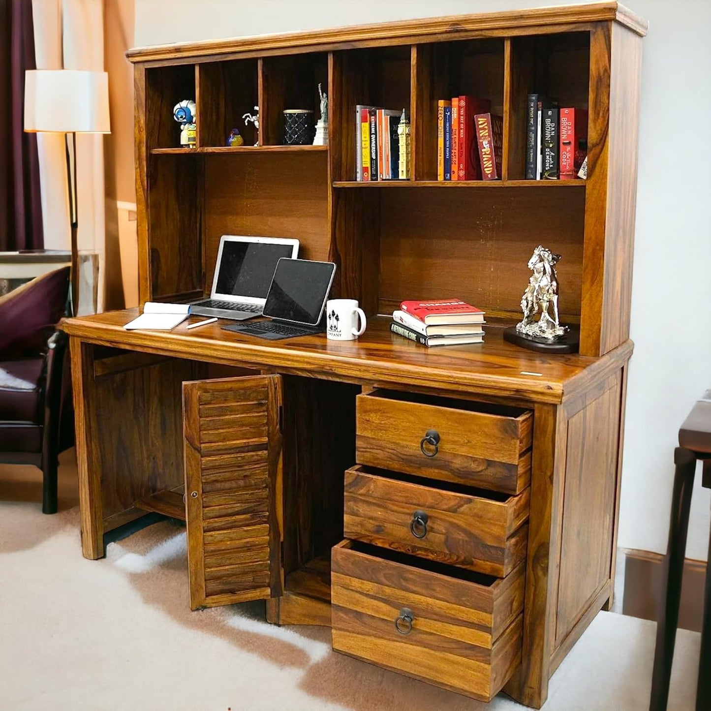Suryavanshi Solid Sheesham Wood Multi-Purpose Office Study Table/Workstation in Teak Finish(W153, D60, H158 CM)