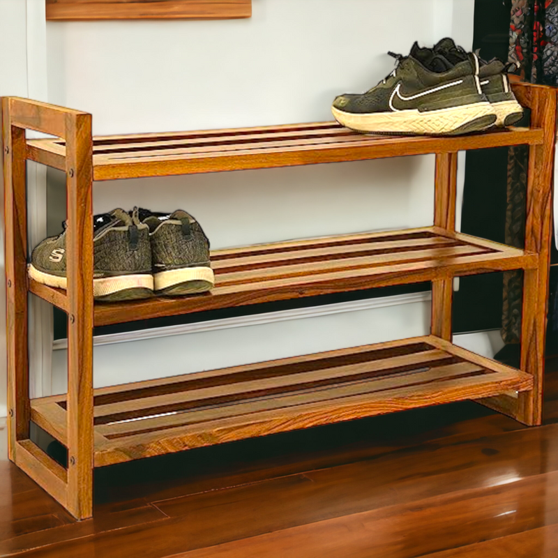 Suryavanshi Sheesham Wood 3-Tier Folding Shoe Rack – Compact and Stylish (W86 x D29 x H57 cm)