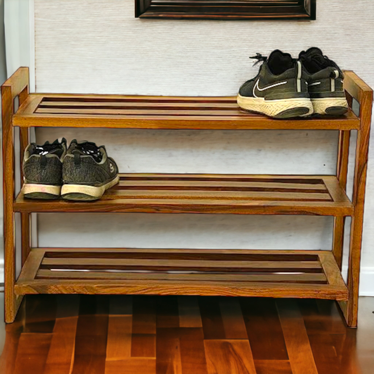 Suryavanshi Sheesham Wood 3-Tier Folding Shoe Rack – Compact and Stylish (W86 x D29 x H57 cm)