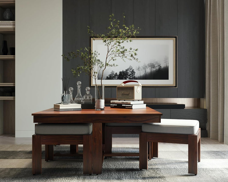 Suryavanshi Sheesham Wood Low Height Coffee Table with 4 Stools (W96*D96*H47cm)