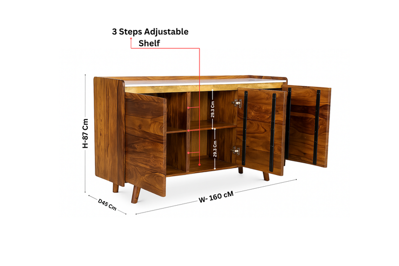 Suryavanshi Solid Sheesham Wood Sideboard Cabinet with White Marble Top, 4-Line Brass Inlay & 1 Door Adjustable Shelf | Multipurpose Storage Unit for Living Room & Dining – (45D x 160W x 87H Cm)