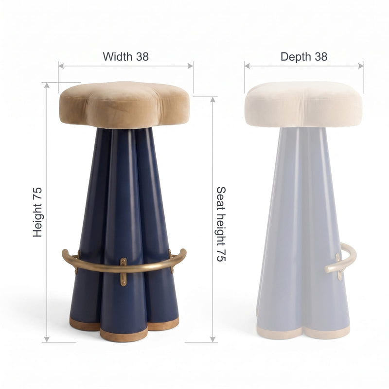 Opal Blue & Gold Bar Stool with Padded Beige Seat
