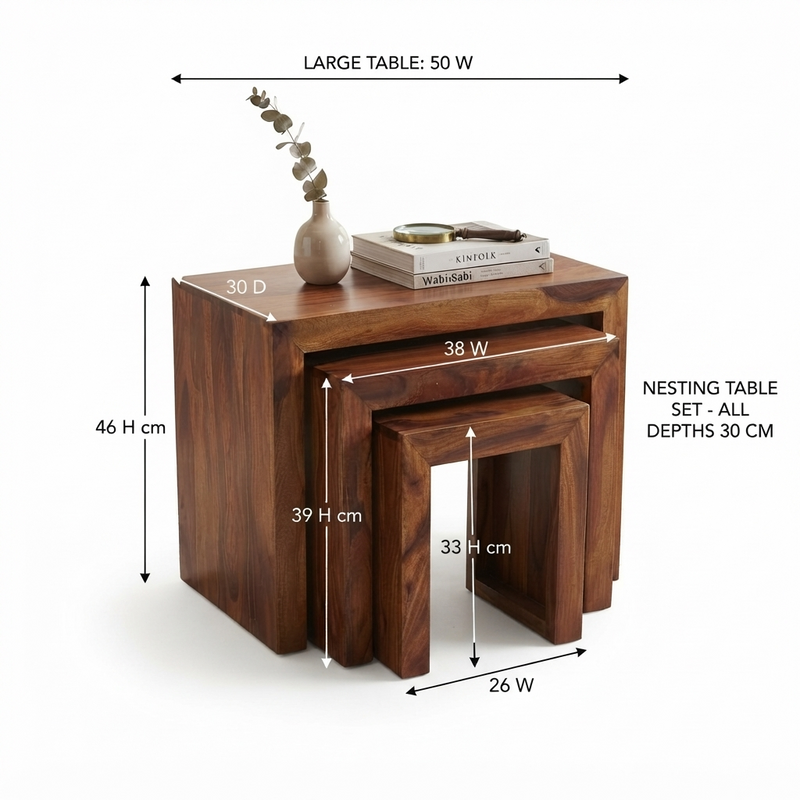 Suryavanshi Venice Solid Wood Nesting Tables Set of 3, Handcrafted Side Tables