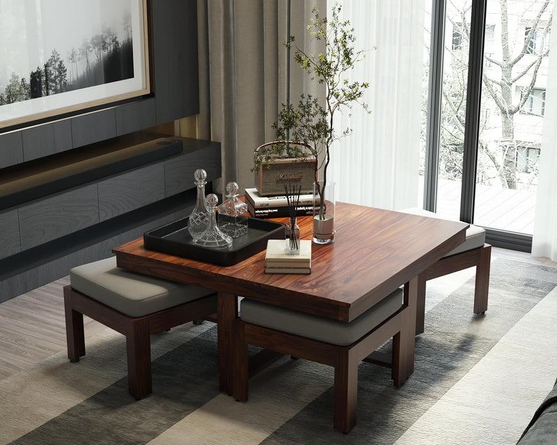 Suryavanshi Sheesham Wood Low Height Coffee Table with 4 Stools (W96*D96*H47cm)