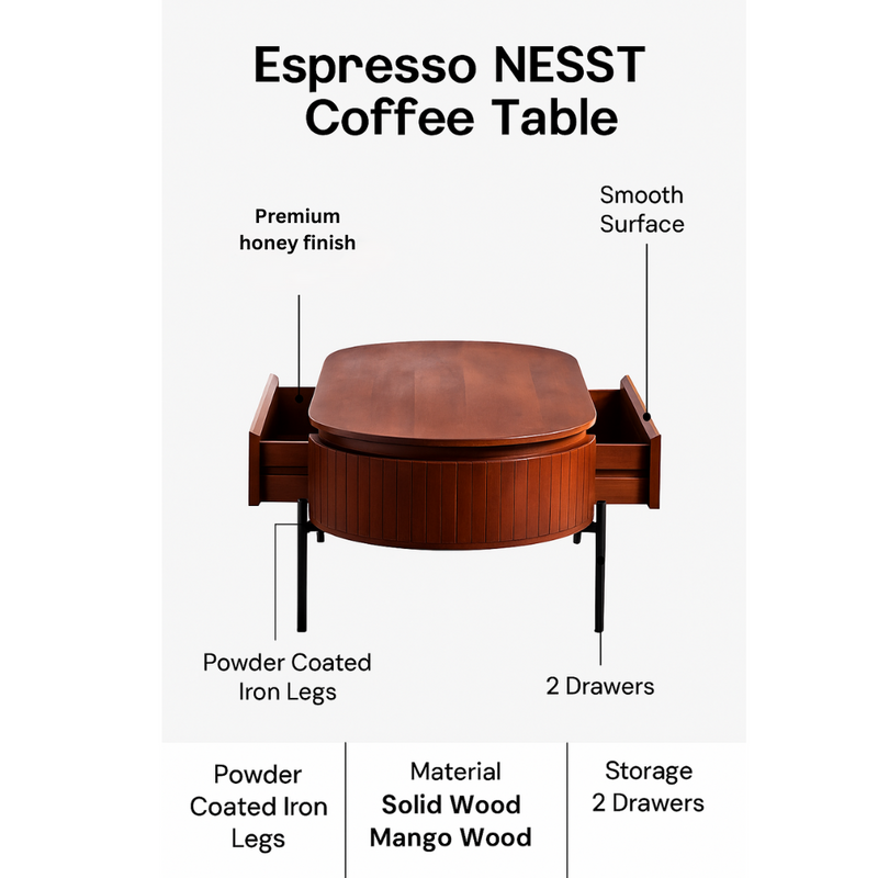 Mango Wood Coffee Table with Black Powder Coated Iron Legs (Oval Shape)