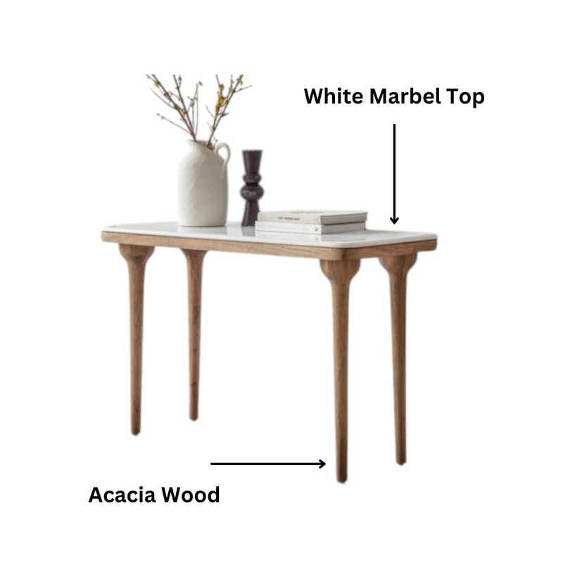 Suryavanshi Acacia Wood Cone Console Table - Timeless Elegance, Cool White Marble, and Versatile Functionality