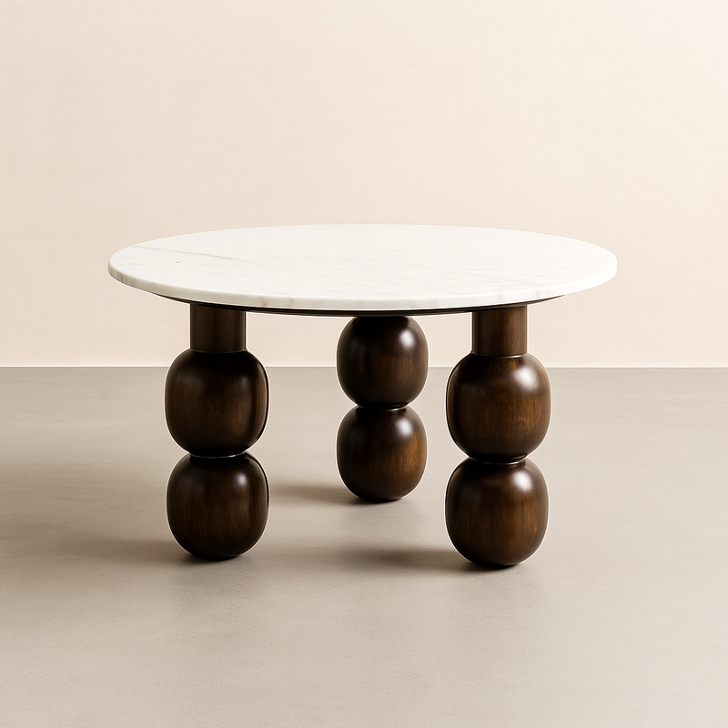 Suryavanshi Premium Round Center Table with Banswara White Marble Top & Solid Wood Ball Legs ā Modern Coffee Table