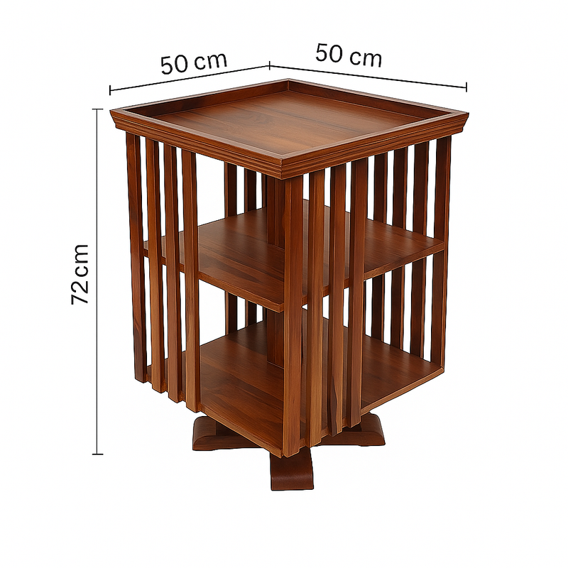 Solid Sheesham Wood Rotating Bookshelf for Living Room | 360° Swivel Book Rack with 2-Tier Storage & Open Shelf Design | Wooden Display Stand for Home & Office (Walnut Finish)