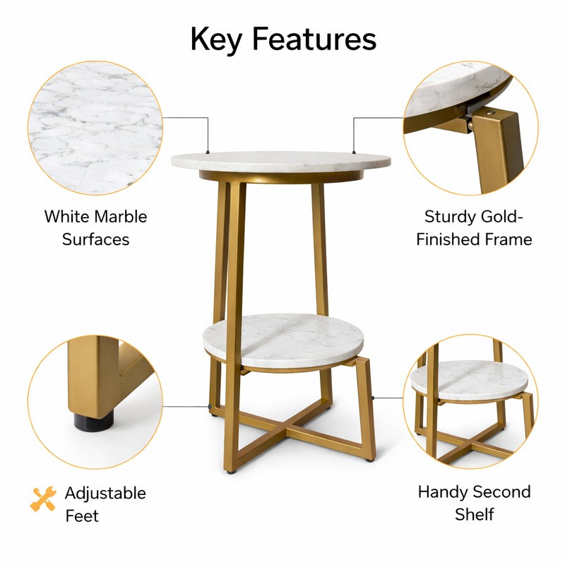 Modern Round Marble Top Side Table With Shelf